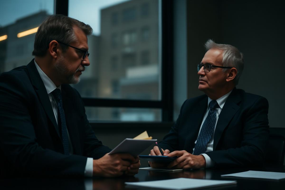Deux dirigeants comparent des documents dans une salle de réunion